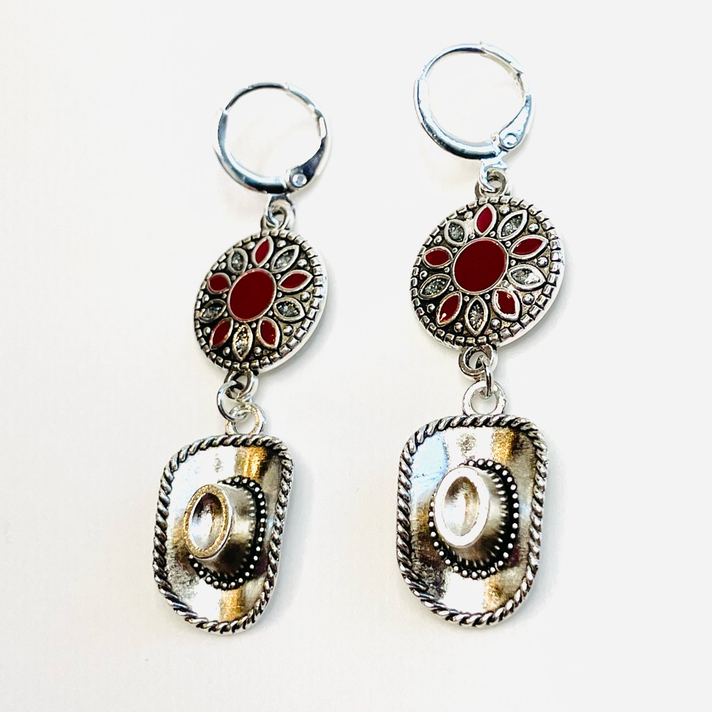 Southern Earrings Western Silver Cowboy Hat Cowgirl Red Dangle 16$